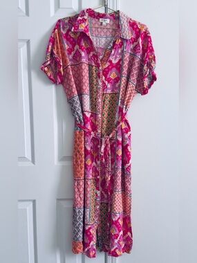 Umgee Pink & Orange Patchwork Midi Shirt Dress with Tie Waist• Size Large